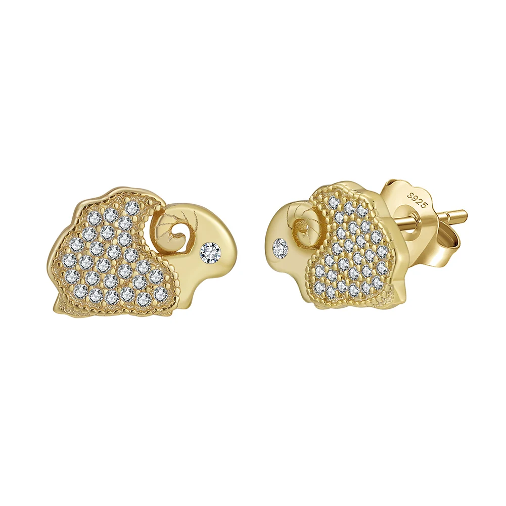 SE401 RINNTIN Gold Sheep Stud Earrings Wholesale Fashion Zircon Jewelry 925 Sterling Silver Animal Earrings