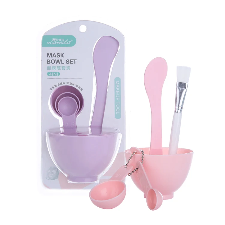 

New 4 In 1 Beauty Makeup Plastic DIY Facial Mixing Bowl Set With Brush 9064, Pink,green, purple or customized