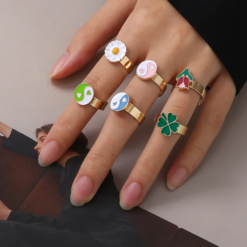 

Wedding Party Jewelry Fashion Women Tai Chi Rings Bohemia Adjustable Colorful Small Daisy Tulip Drop Oil Alloy Femme Tail Rings, Multi-color