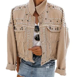 2020 Fall and Winter Khaki Stylish Women Jacket With Rivet Washed Ripped Turn-down Collar Motorcycle Jacket Lady Plus Size 3XL