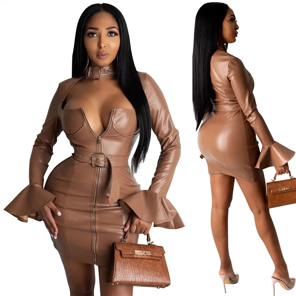 

Fashion Fall Women Clothing New Pu Cheap Leather Dresses, As pics