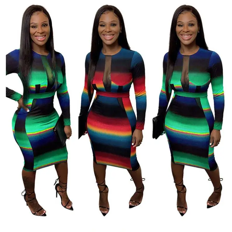 10609SS Cheap Apparel Colorful Stripe Peint Slim Sexy Bodycon Women Casual Dress Boutique Clothing