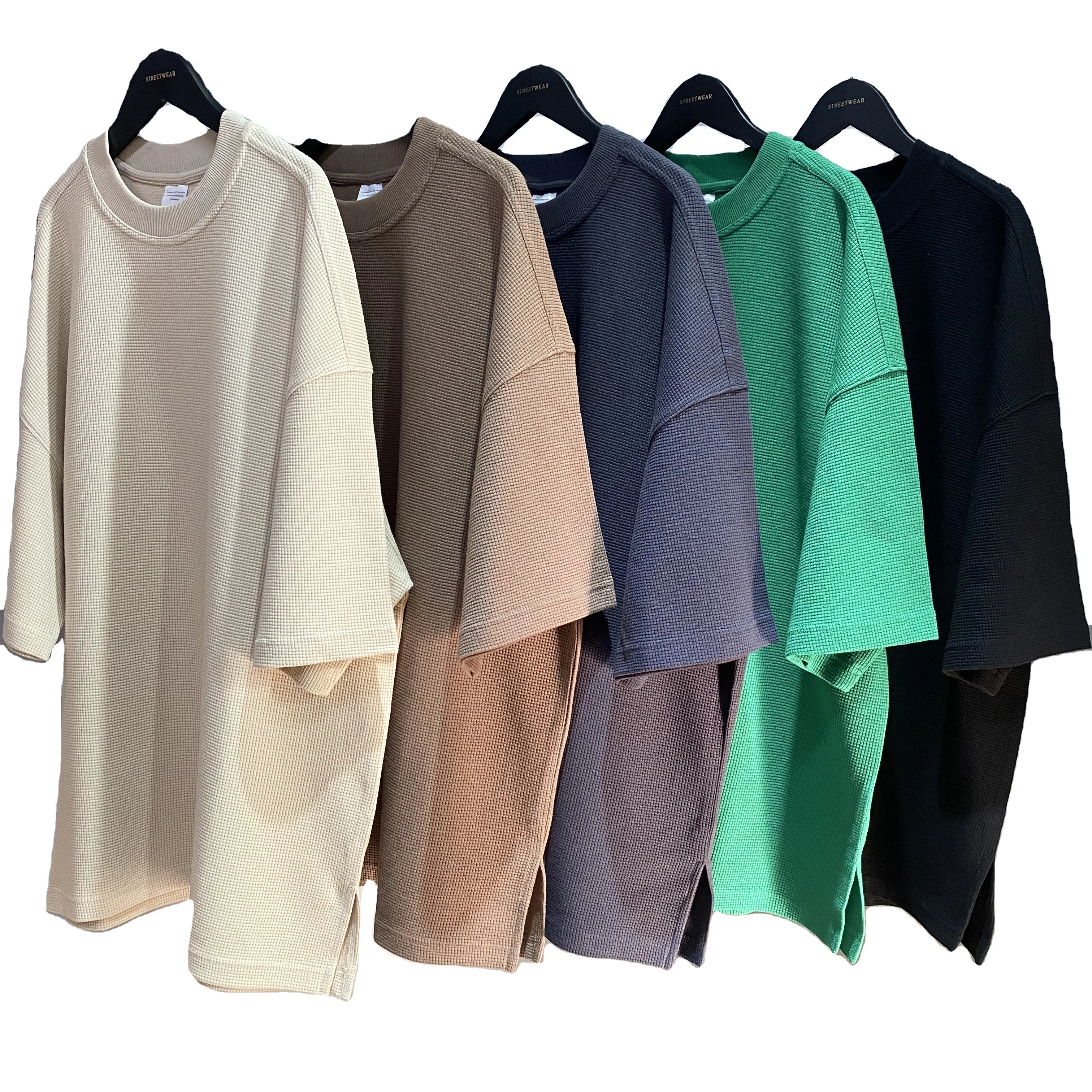 

2022 New fabric heavy knit waffle 260gsm plain tshirt breathable thermal oversized streetwear mens t shirts