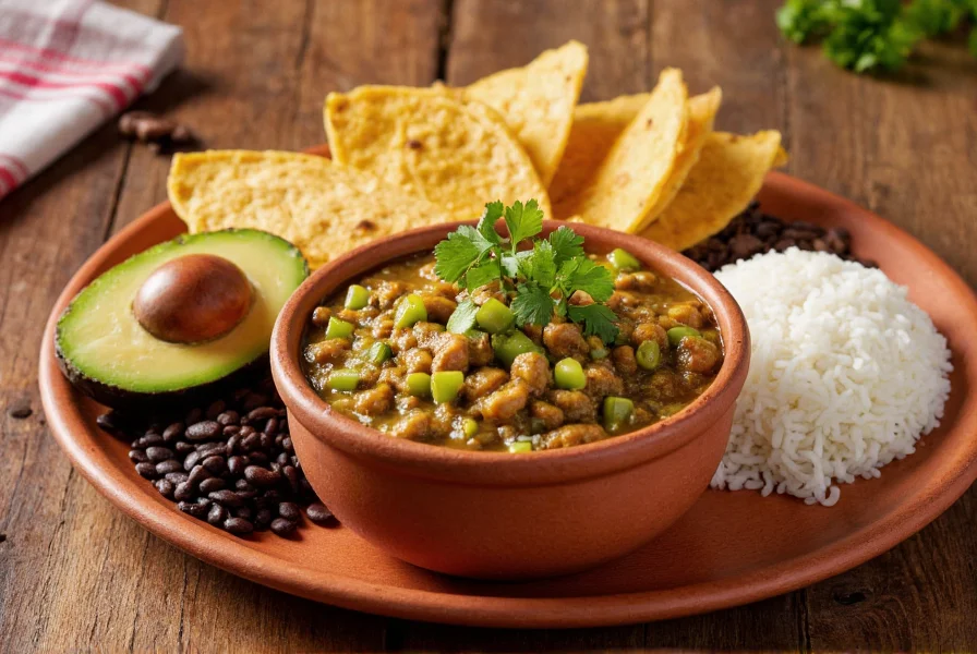 Authentic Mexican meal presentation: chili verde in clay bowl with corn tortillas, white rice, black beans, and fresh avocado