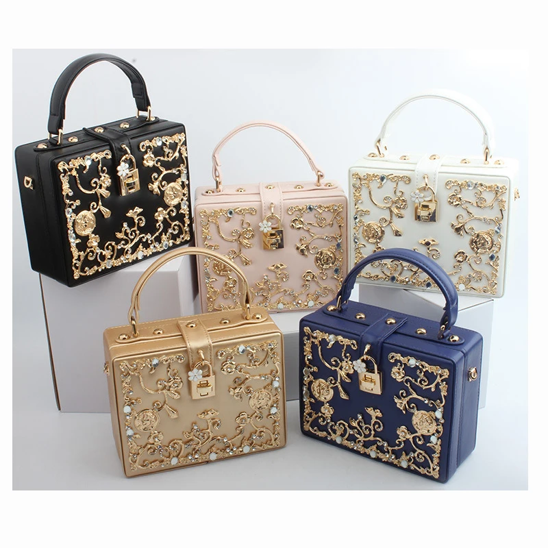 

India Custom women pu leather box lock square handbag fancy clutch bag