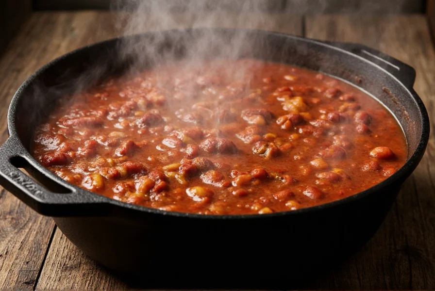 Homemade two alarm chili simmering in cast iron pot with steam rising