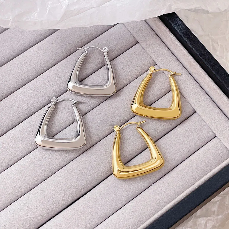 Stainless Steel Gold Color Geometric Square U Shape Hollow Inside Chunky Hoop Earrings