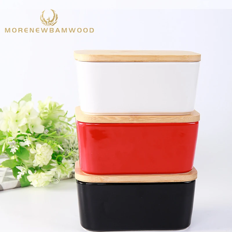 

Factory outlet ceramic butter containers with bamboo cover, ceramic container.