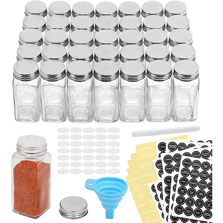 48 Pcs/Set Wholesale 120ml 4 oz Square Clear Glass Spice Seasoning Condiment Bottle SetsGlass Storage Spice Jar with Metal Lids