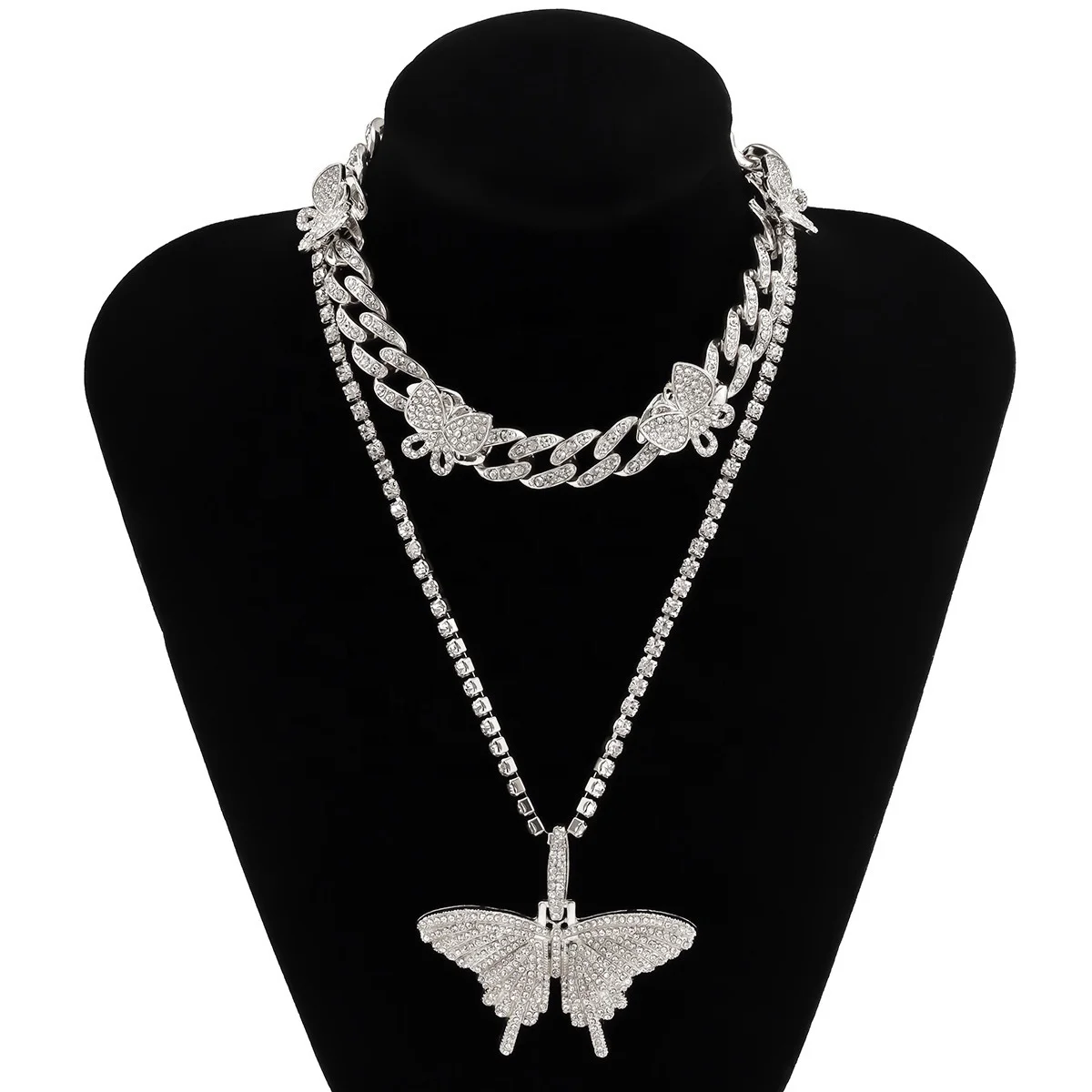 

Vintage Punk Hip Hop Butterfly Cuban Crystal Necklace for Women Fashion Metal Chain Necklace Female Simple Pendant Necklace, Picture shows