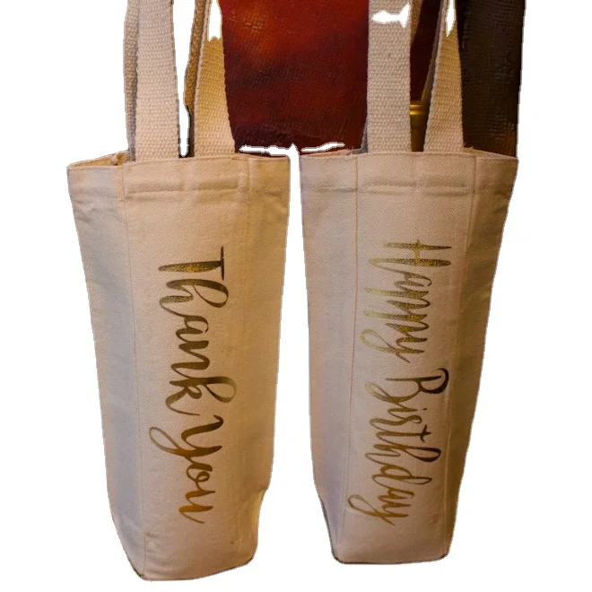

Customized name wine or champagne bottle cotton canvas tote bag, Natural/white/customized
