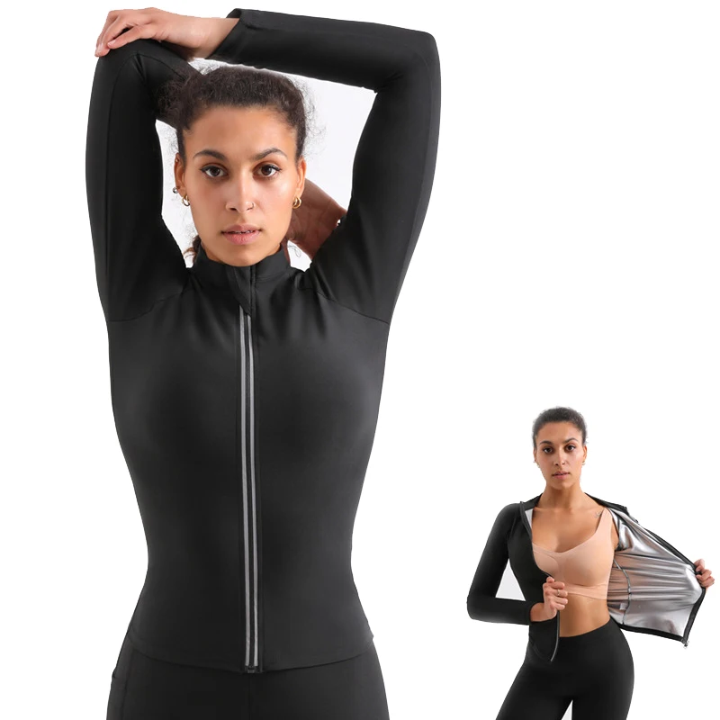 

LCFC Body building shirt sauna sweat suits long sleeves slimming weight loss zipper sauna shirt, Black