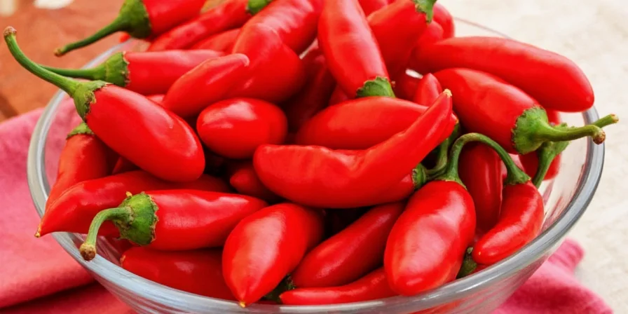 Stack of red serrano peppers in a rustic kitchen setting