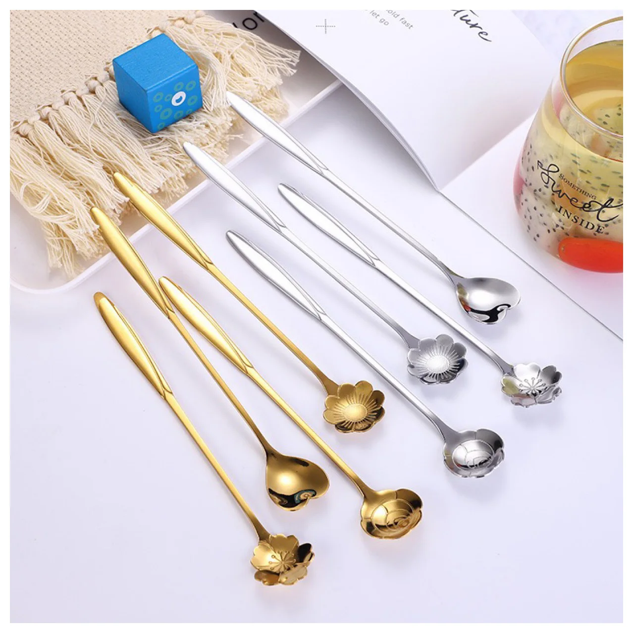 

flower gold spoon cucharas mini coffee Dessert tea spoon stainless steel spoons cutlery set