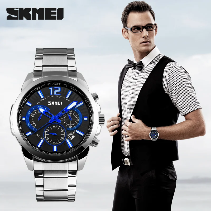 

SKMEI 9108 men quartz watch waterproof stainless steel wristwatch custom logo men watch Relogio Masculino, 4 colors