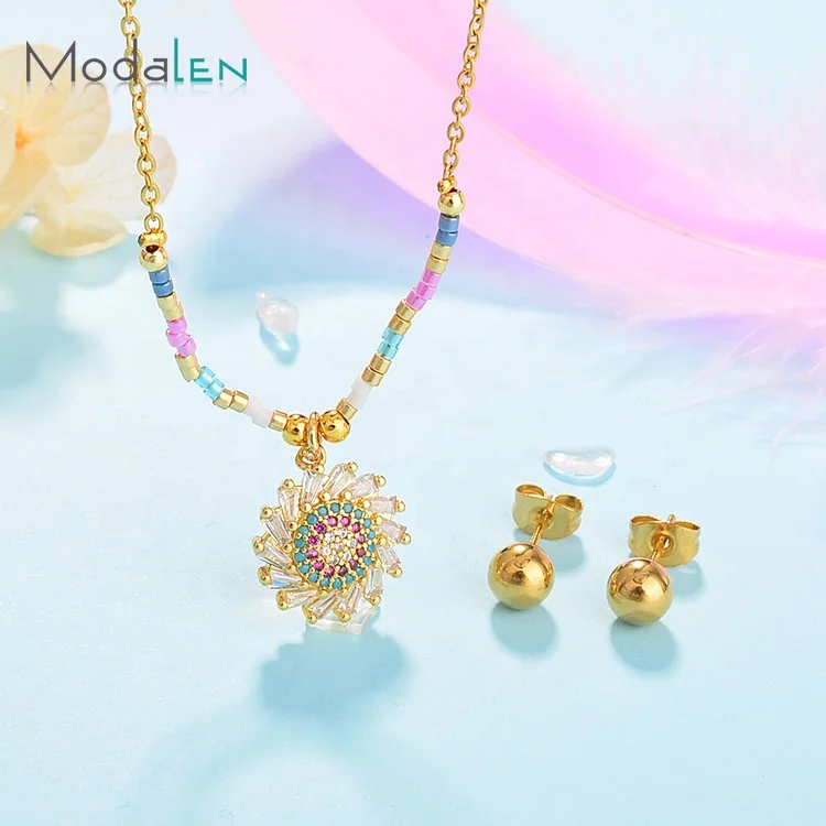 

Modalen Stainless Steel Gold Filled Colored Rhinestone Bead Jewelry Necklace Set, Gold/sliver