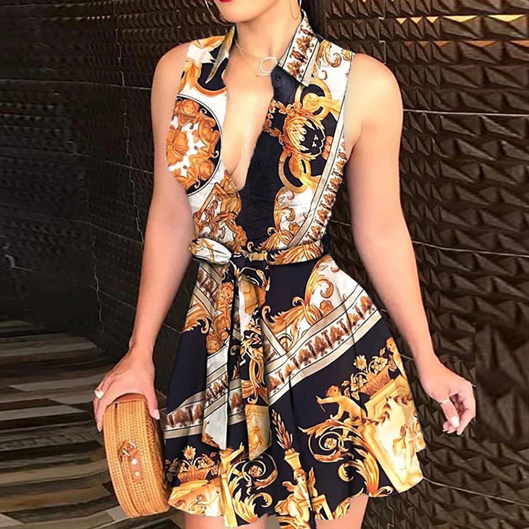 

Summer Women Chain Print Sleeveless Dress Casual Bandage Mini A-line Dresses Sexy V Neck Size S-2XL Party Dress