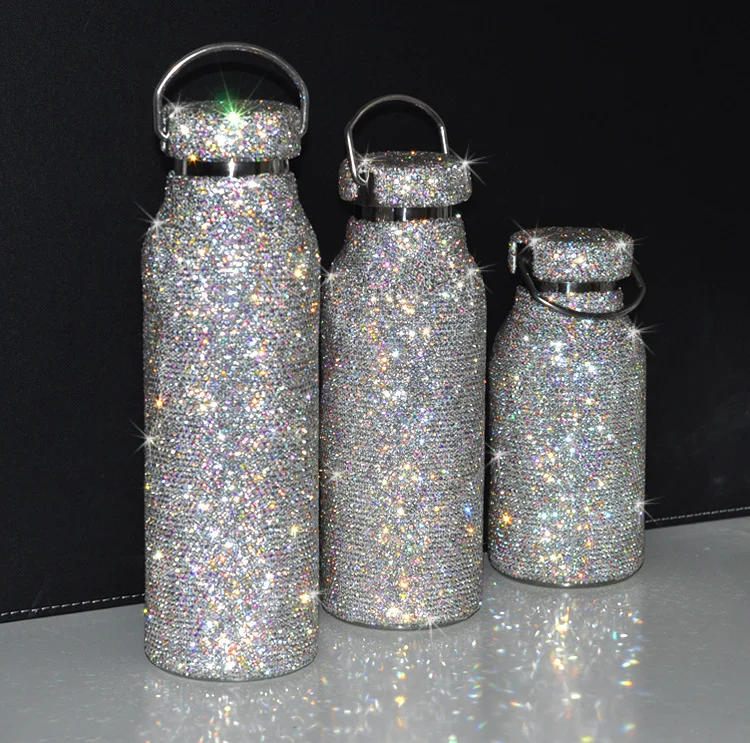 

Women Creative Portable Handle Color Crystal Rhinestone Diamond Bling Bling Stainless Steel Vacuum Flask Water Bottle, As picture