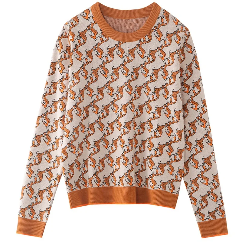 

Yolo's Vintage contrast jacquard Unicorn crew neck loose Pullover Sweater