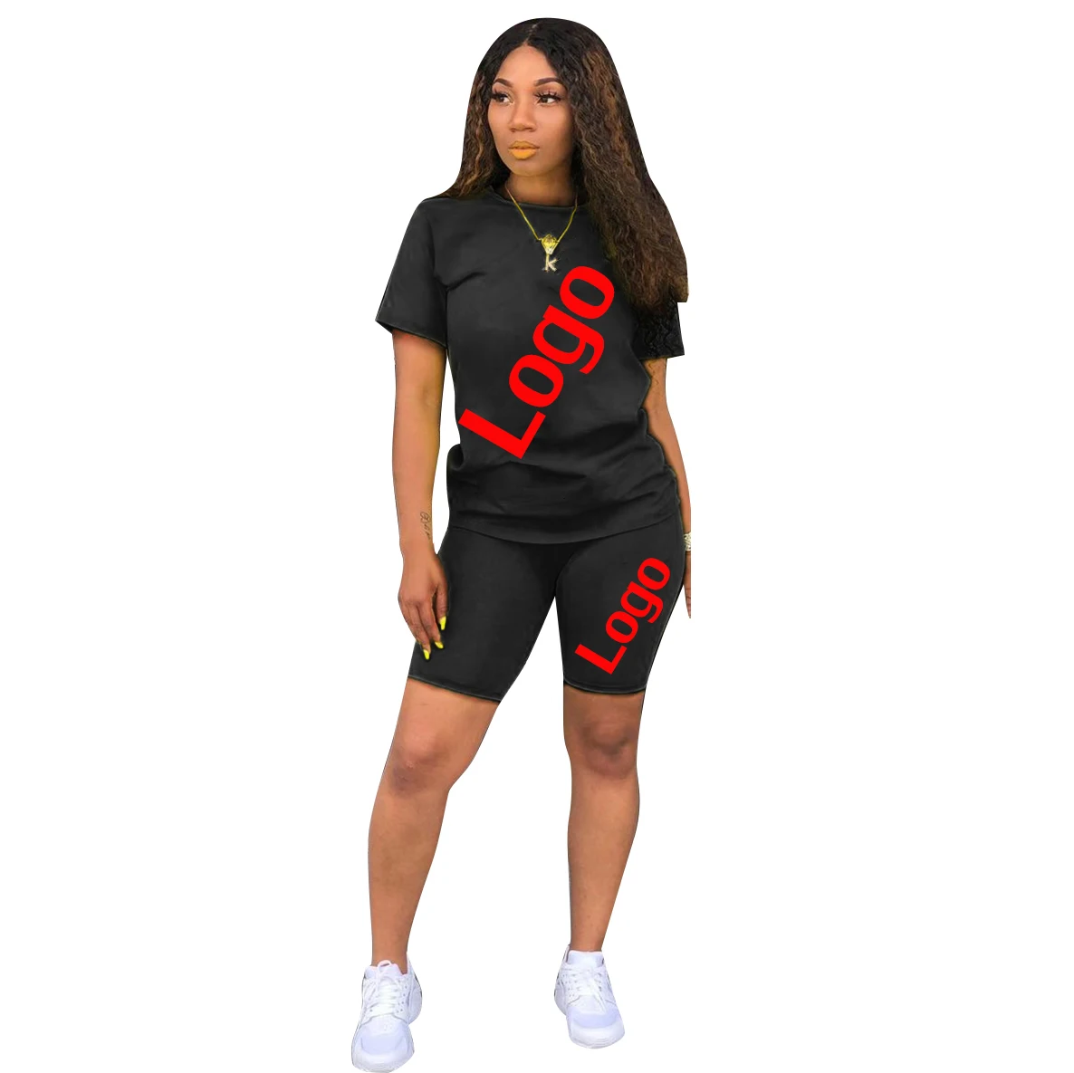 

2021 Hot Sale Summer Fashion Casual Trend Solid Color Printing Comfort Slim Short Sleeve Short Sets For Women Wholesale