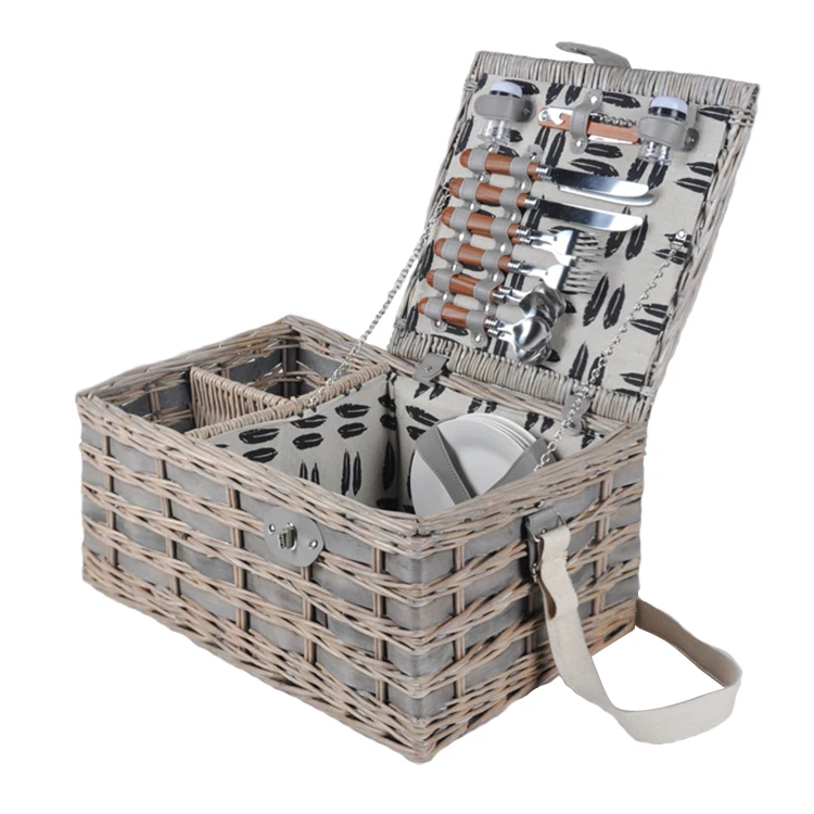 

4 Person Natural Wicker Crafted Cutlery Food Fruit Storage Willow Picnic Basket Set