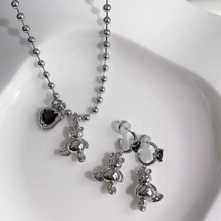 

Fashion Stainless Steel Jewelry Set Bear Silver Plated Earrings Necklace Jewelry Sets For Women