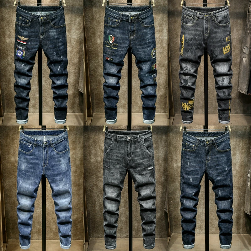 

Summer wholesale men's jeans personality ripped zipper young men handsome slim casual jeans trousers