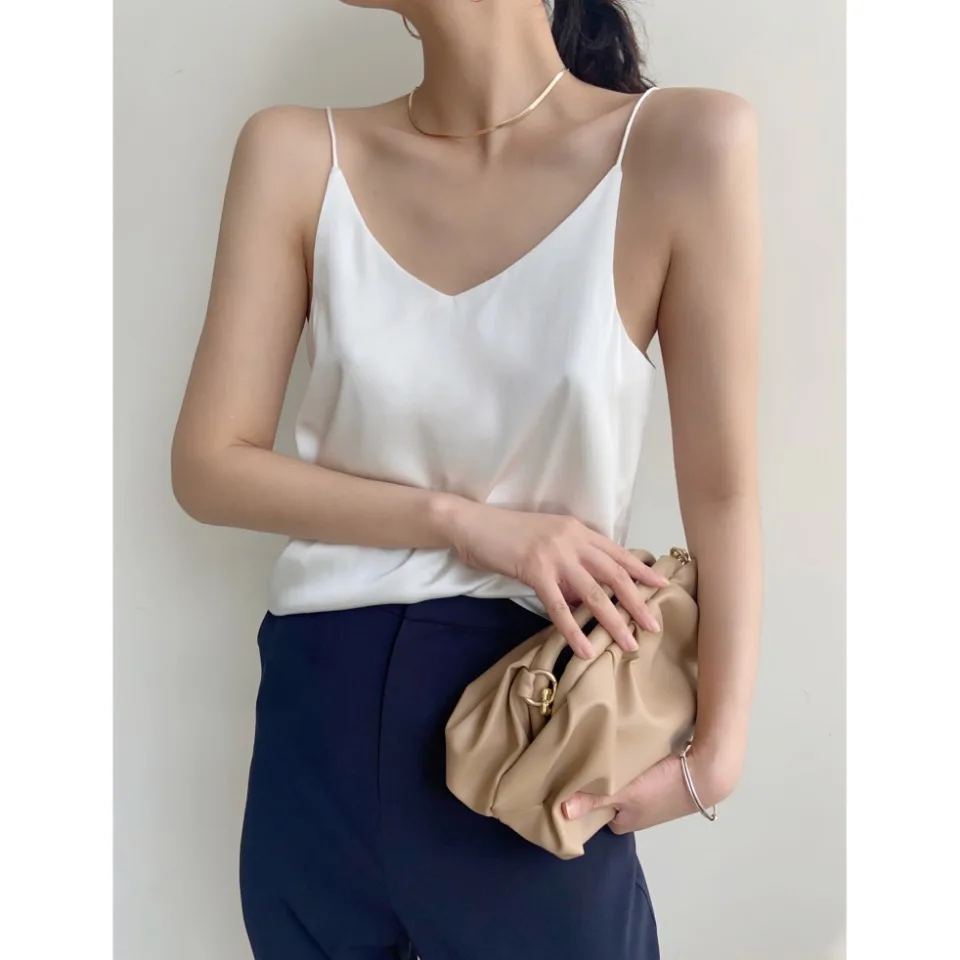 

Classic Womens 100% pure Silk Satin Camisole Top Sexy V Neck Blouse basic Tank Shirt Ladies Spaghetti Strap cropped tank top, Light blue/yellow/custom