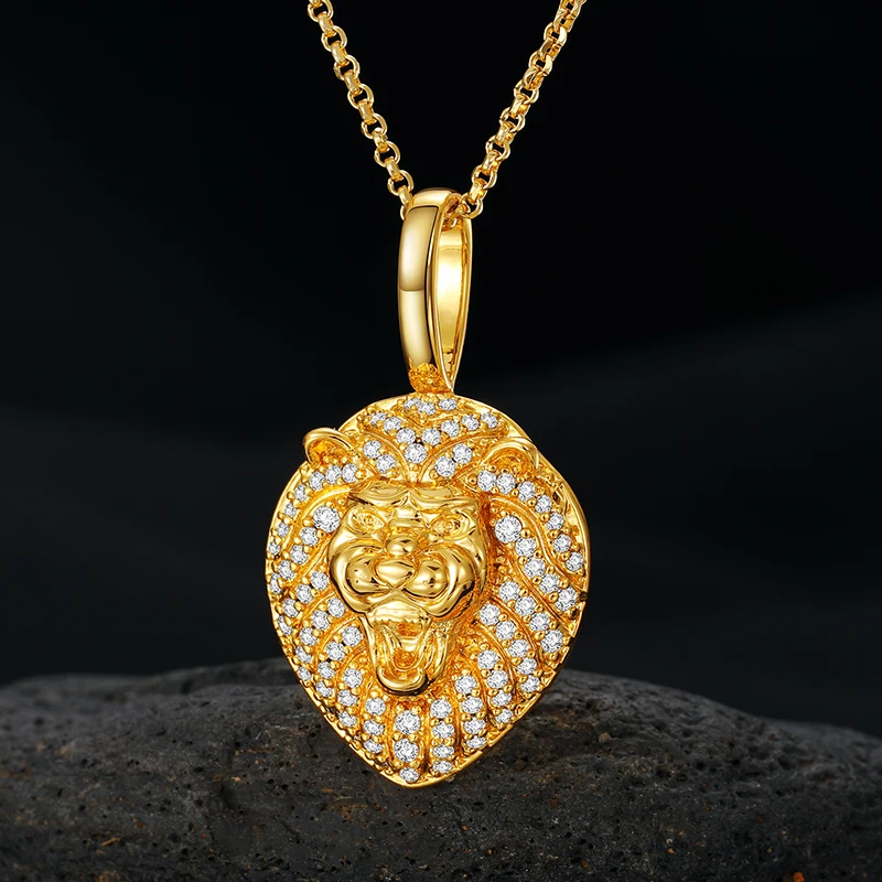 

Hip Hop Jewelry Iced Out Gold Plated 925 Sterling Silver VVS Moissanite Diamond Lion Head Pendant Necklace