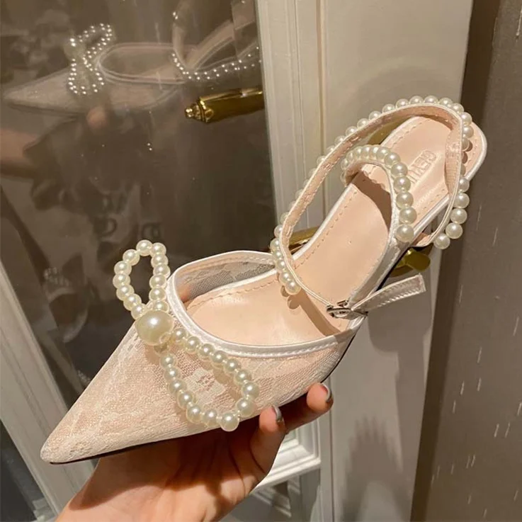 

New Arrivals Fashion Ladies Pointed Toe Lace Clear Upper Sandals Sexy Thin Heel Buckle Strap with Pearl Summer Pumps Women Shoes, White