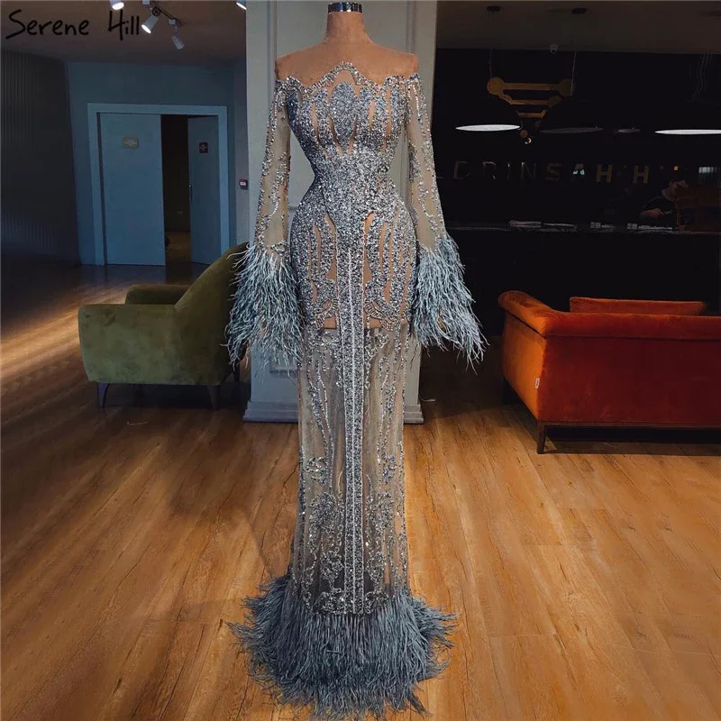 

Blue Mermaid Feathers Beaded Evening Dress 2022 Serene Hill LA60932 Long Sleeves Formal Elegant Party Gowns For Women