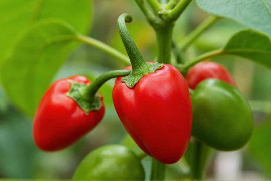Close-up view of cherry bomb chili peppers growing on plant showing heart-shaped red fruits