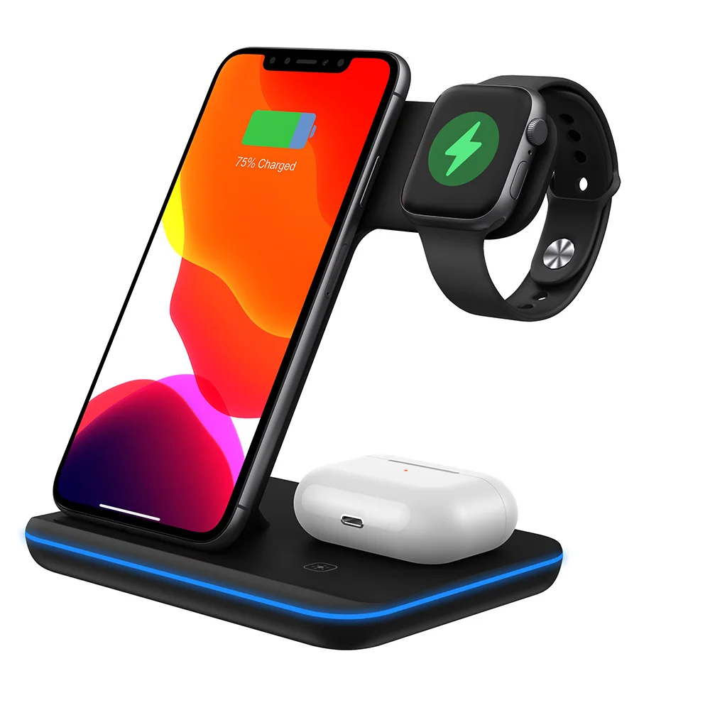 

New Version Wireless Charger Stand 3 in 1 15W Wireless Charger Device for Mobile Phone 2.5W charger for watch 2W charging pad, Black / white