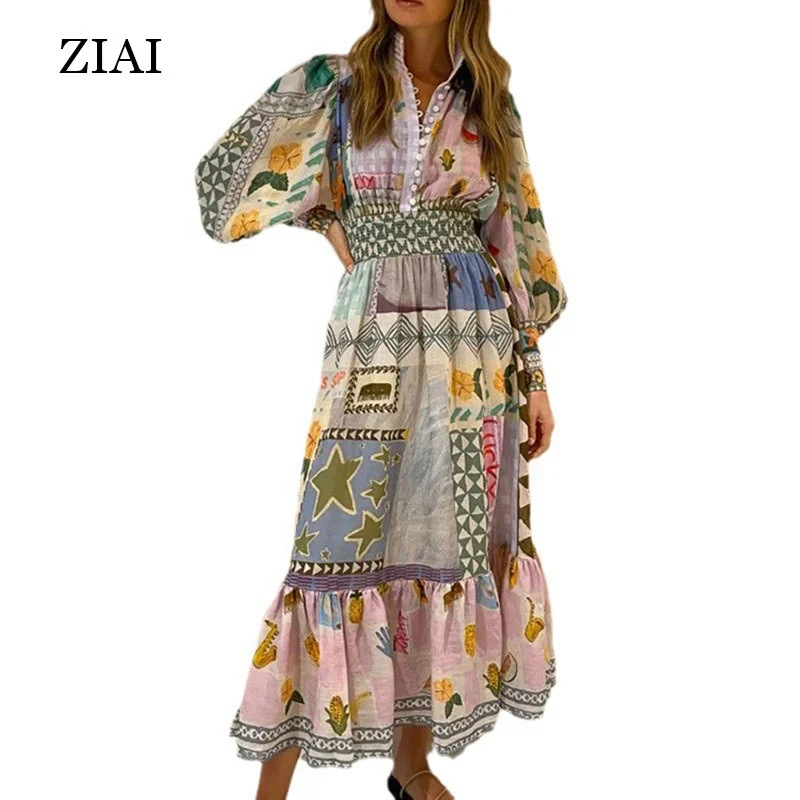 Long Sleeve Maxi Dress Printed Flared Skirt