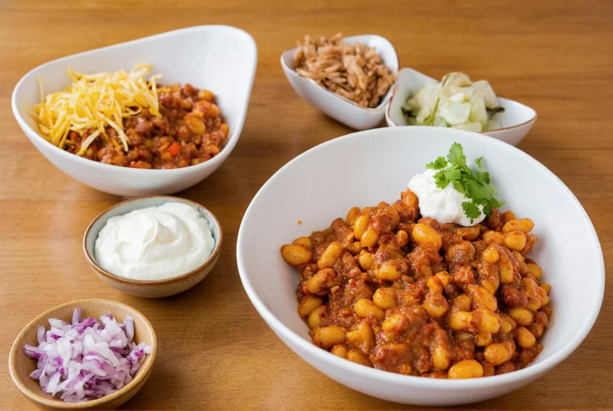Chili mac served in white bowls with various toppings including shredded cheese, sour cream, diced onions, and fresh cilantro on a wooden table