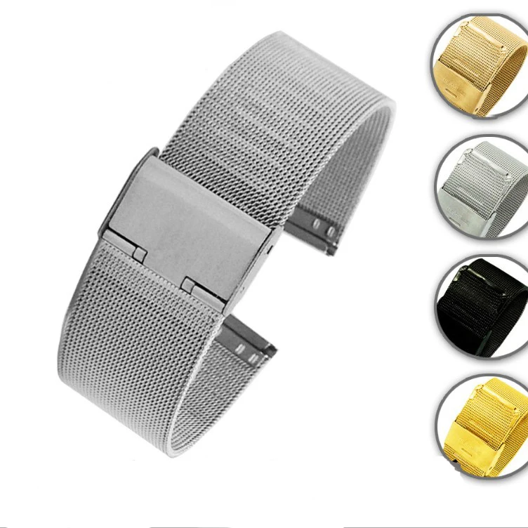 

8mm 10mm 12mm 14mm 16mm 18mm 20mm 22mm 24mm fashion mesh 0.4 thin stainless steel watch band strap for smart watch, Silver black gold rose-gold
