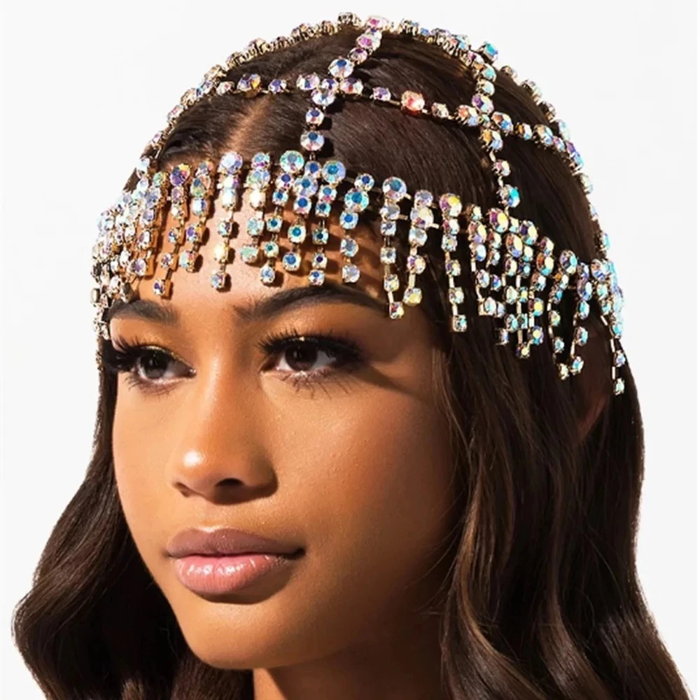 

Luxury Rhinestone Forehead Headpiece Tassel Bridal Head Chain for Women Handmade AB Crystal Hair Pieces Headwear Accessories Hat, Gold silver