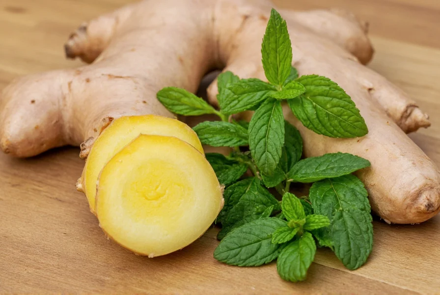Fresh ginger root and mint leaves arranged on wooden table for tea preparation