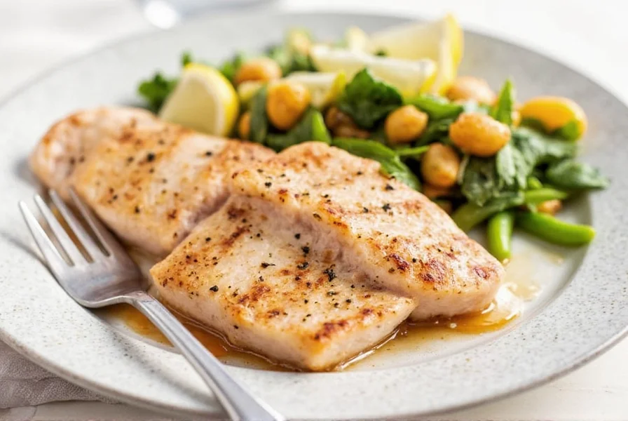 Perfectly seared lemon pepper tuna steak with lemon slices and fresh herbs