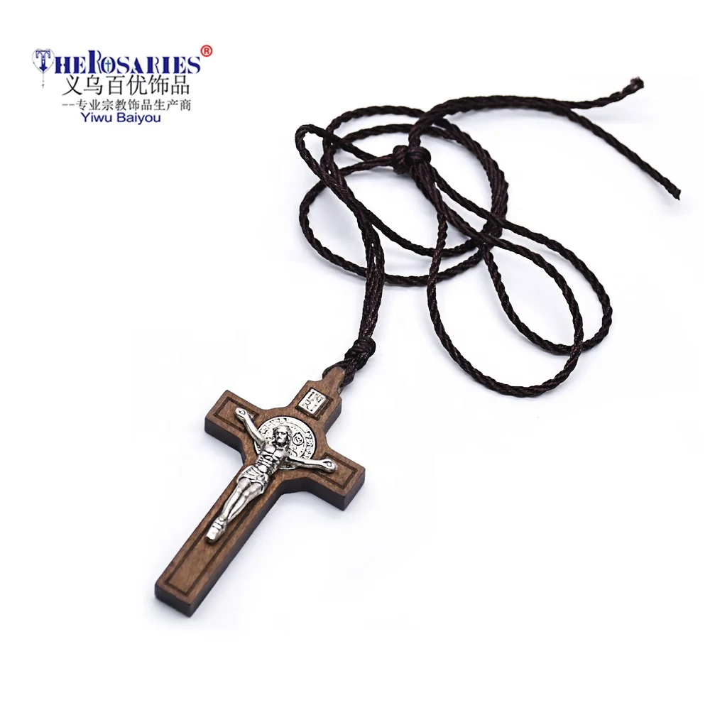 

Cross Necklace With Rope Wood Pendant Crucifix Promotion Gift Jesus Religious Fashion