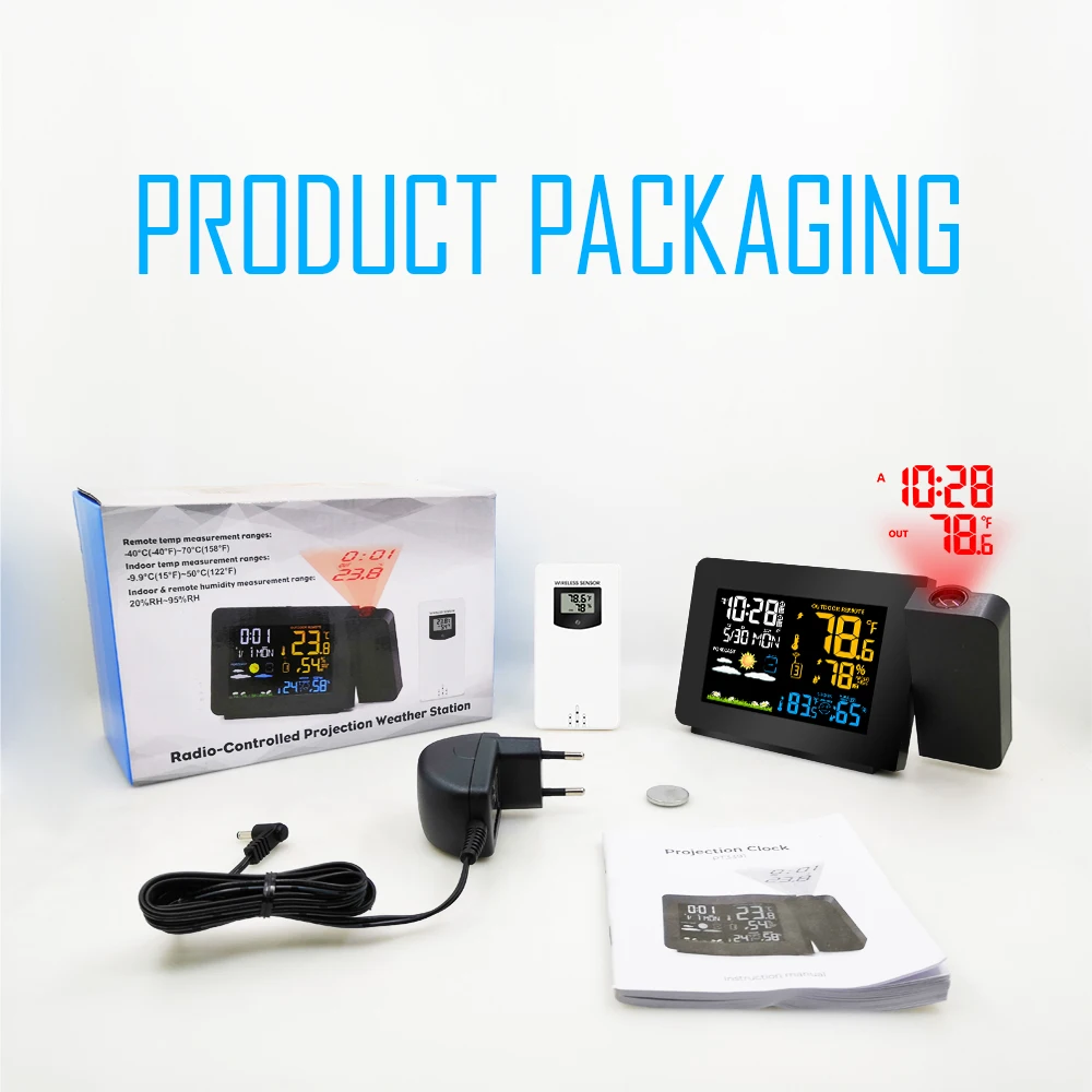 
Projection Alarm Clock With Weather Station Forecast PT3391 Weather Clock display Indoor Outdoor temperature Humidity 