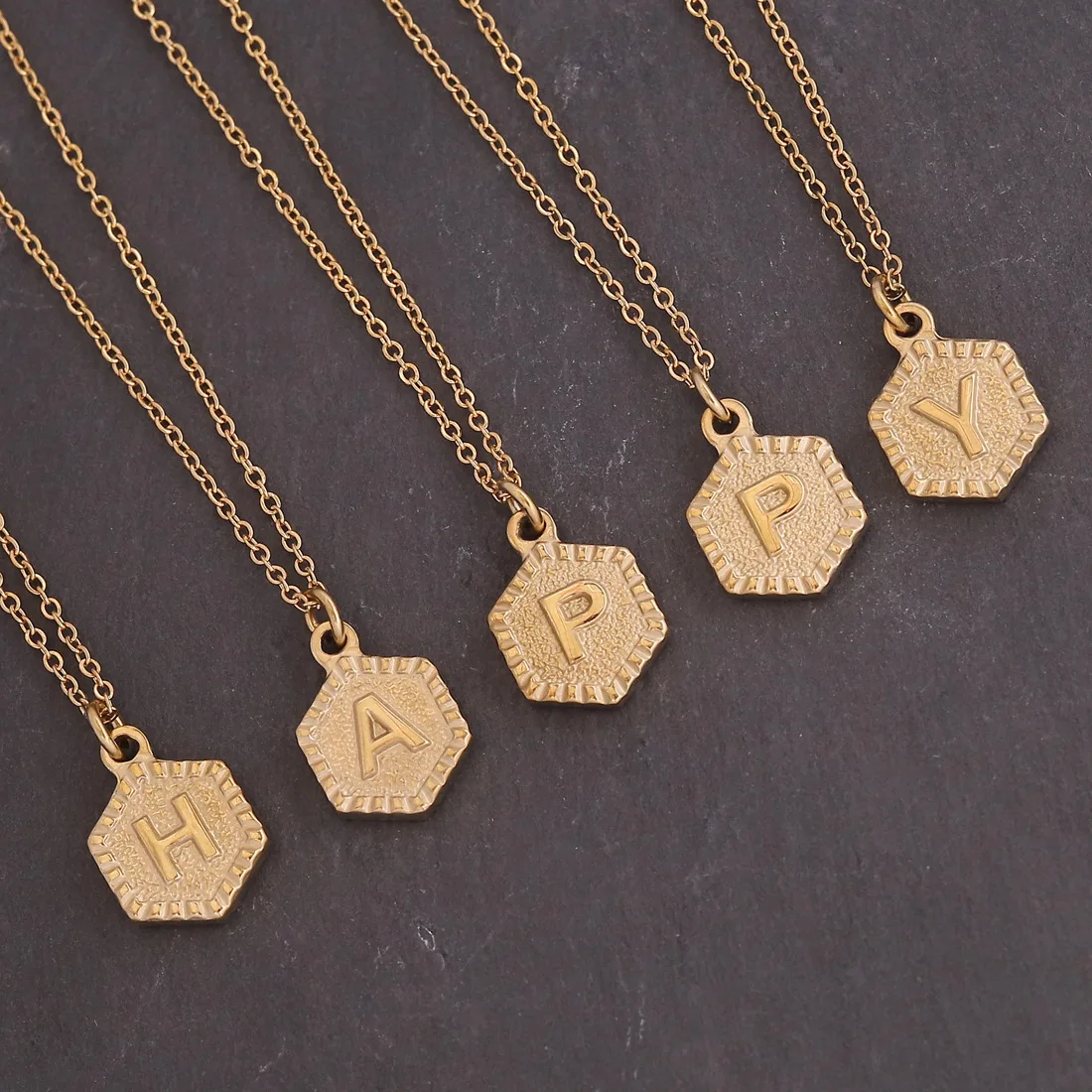 

18K Gold Plated Stainless Steel Initial A-Z Letter Pendant Necklace Geometric Pentagon Shape Initial Letter Pendant Necklace