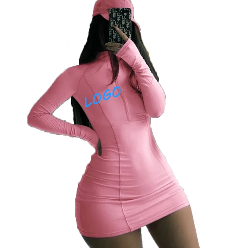 

Vestido Free Shipping Fashion Custom Lady Mini Dress turtleneck OEM/ODM thumb hole Front Zipper Women Elegant Summer Casual Dres