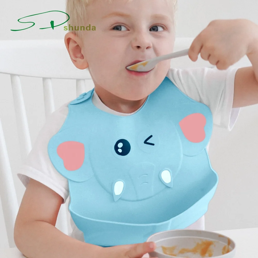 

Hot Selling 2020 Baby Products BPA Free Cute Elephant Foldable Waterproof Food Grade Silicone Baby Bibs, Pink and blue