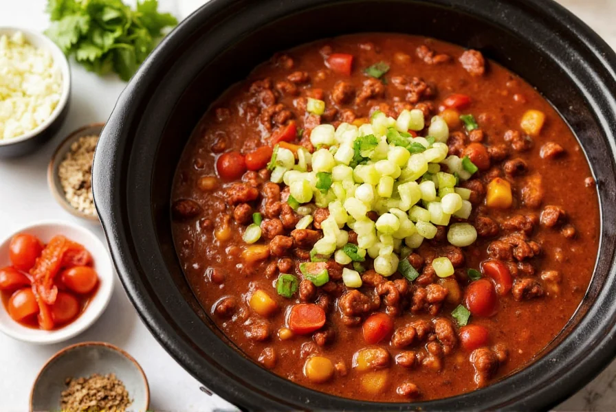 Close-up of vegetarian chili in crockpot with fresh toppings arranged beside it