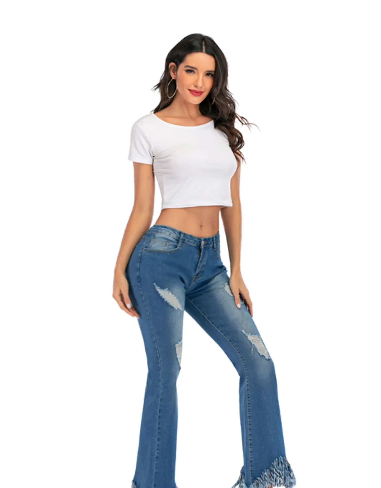 

2021 Women Clothing Summer Pant Elegant Ladies Casual Jeans Ruffle Denim Pants, As picture