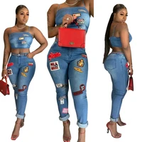 

SJ3283 Denim 2 Piece Outfits Women Cartoon Stickers Denim Top and Jean Pants 2 Piece Jean Set Women