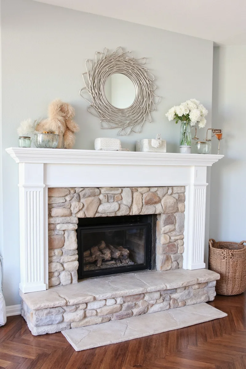 Family sitting by a painted stone fireplace enjoying a game night