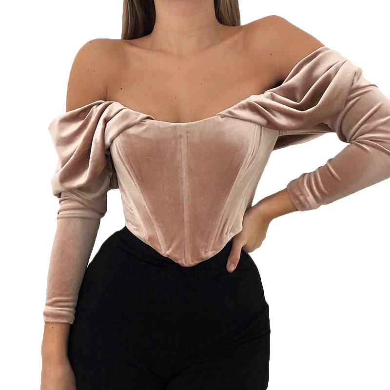 

Spring Velvet Zipper Blouse Women Autumn Off Shoulder Ladies Sexy Cropped Shirt Vintage Long Sleeve Boned Corset Bustier Tops