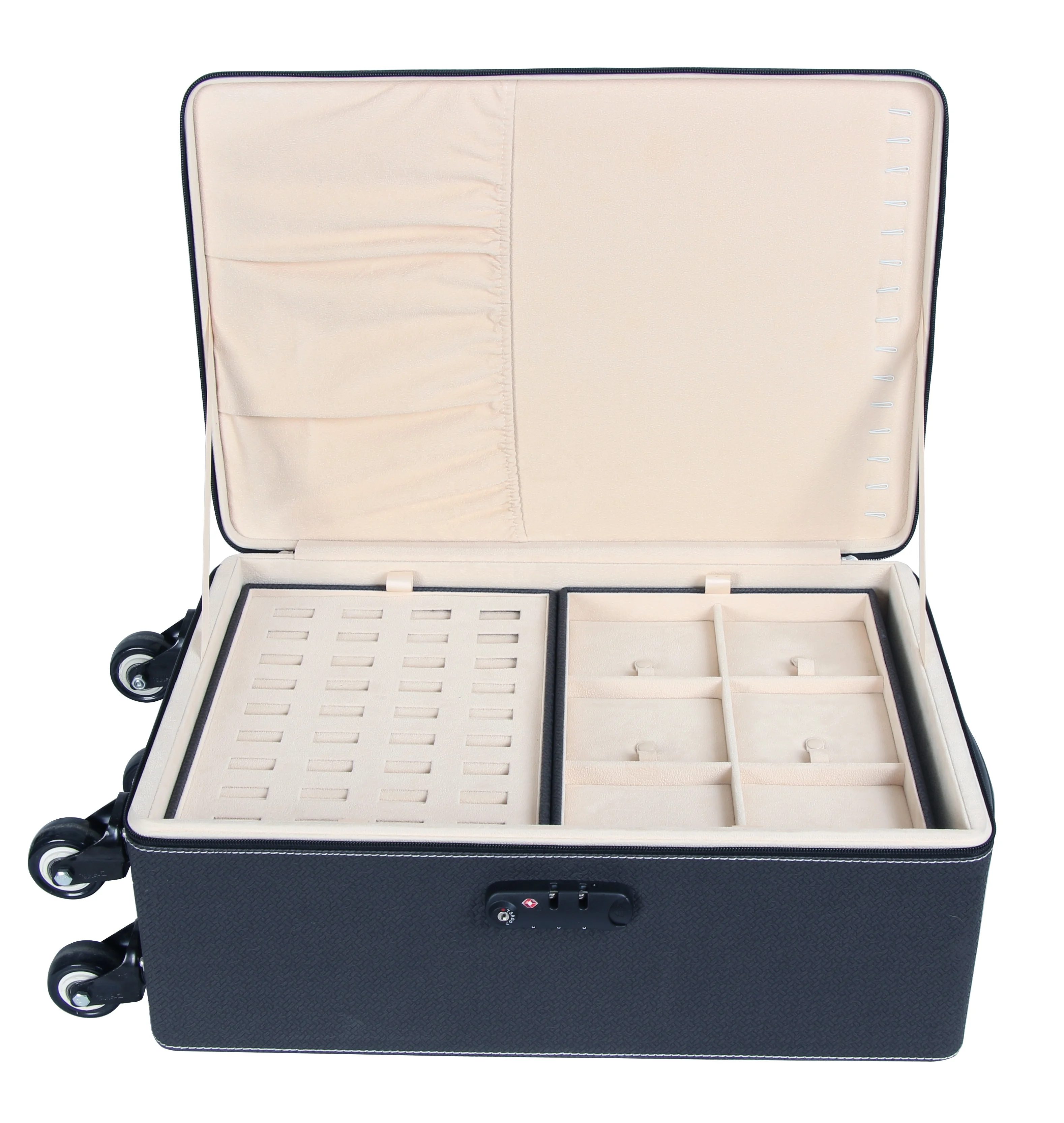 

Salesman leather ABS travel luggage suitcase with custom jewelry packaging display trays, Red ,yellow,classic, blue ,etc.